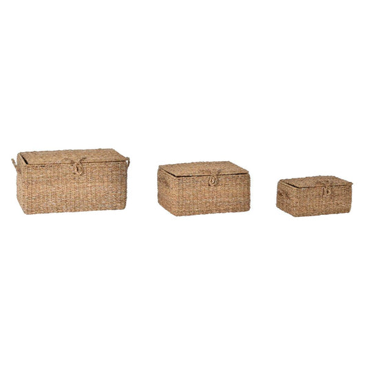 Basket set DKD Home Decor With lid Natural Iron Seagrass (50 x 34 x 25 cm) (3 Pieces)