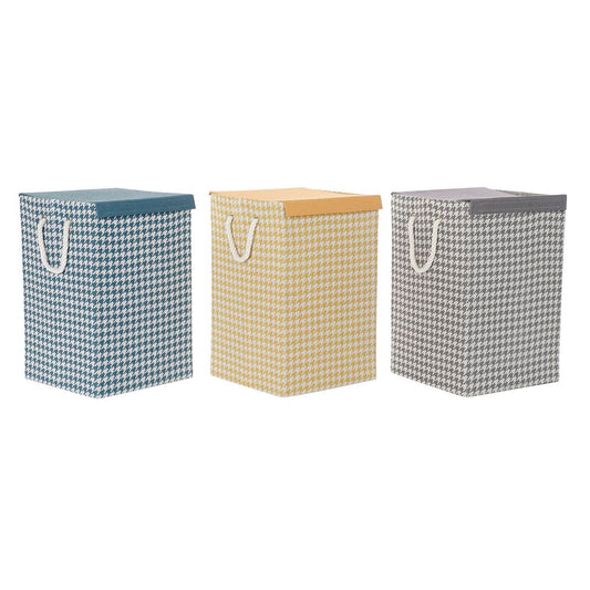 Laundry basket DKD Home Decor Houndstooth 36 x 36 x 55 cm Grey Blue Yellow (3 Units)