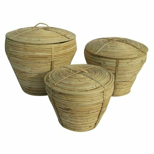 Basket set DKD Home Decor With lid Natural Rattan Tropical (3 Pieces) (35 x 35 x 30 cm)